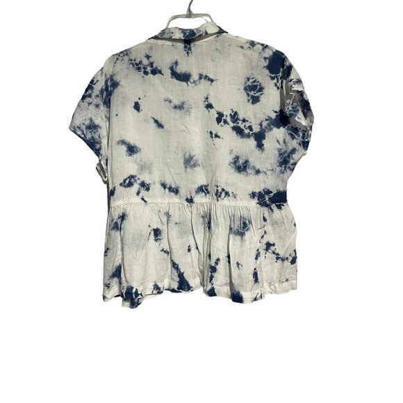 Women's Top Blouse 100% Linen Drop Waist Boho Blue White Size Large - Picture 3 of 5